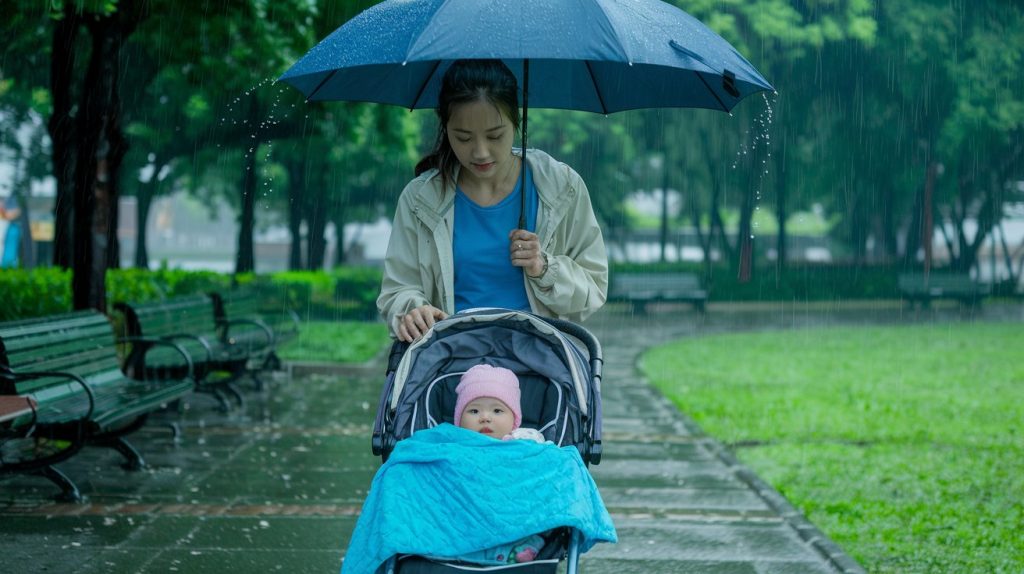 It's not ideal to walk with an umbrella and push the stroller in rain